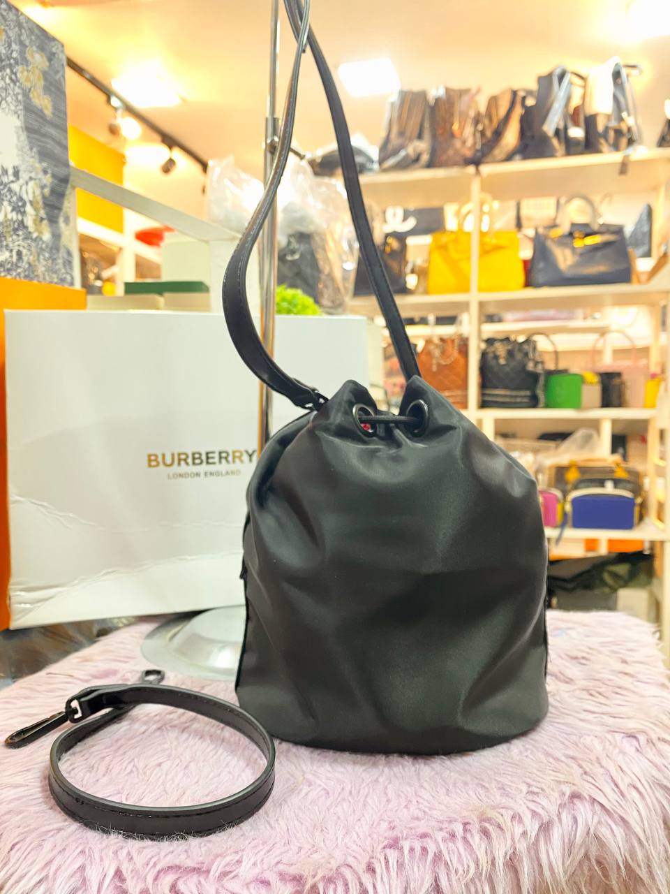 BXU BRBERRY 007 Econyl Drawcord Pouch  Bucket Black Bag